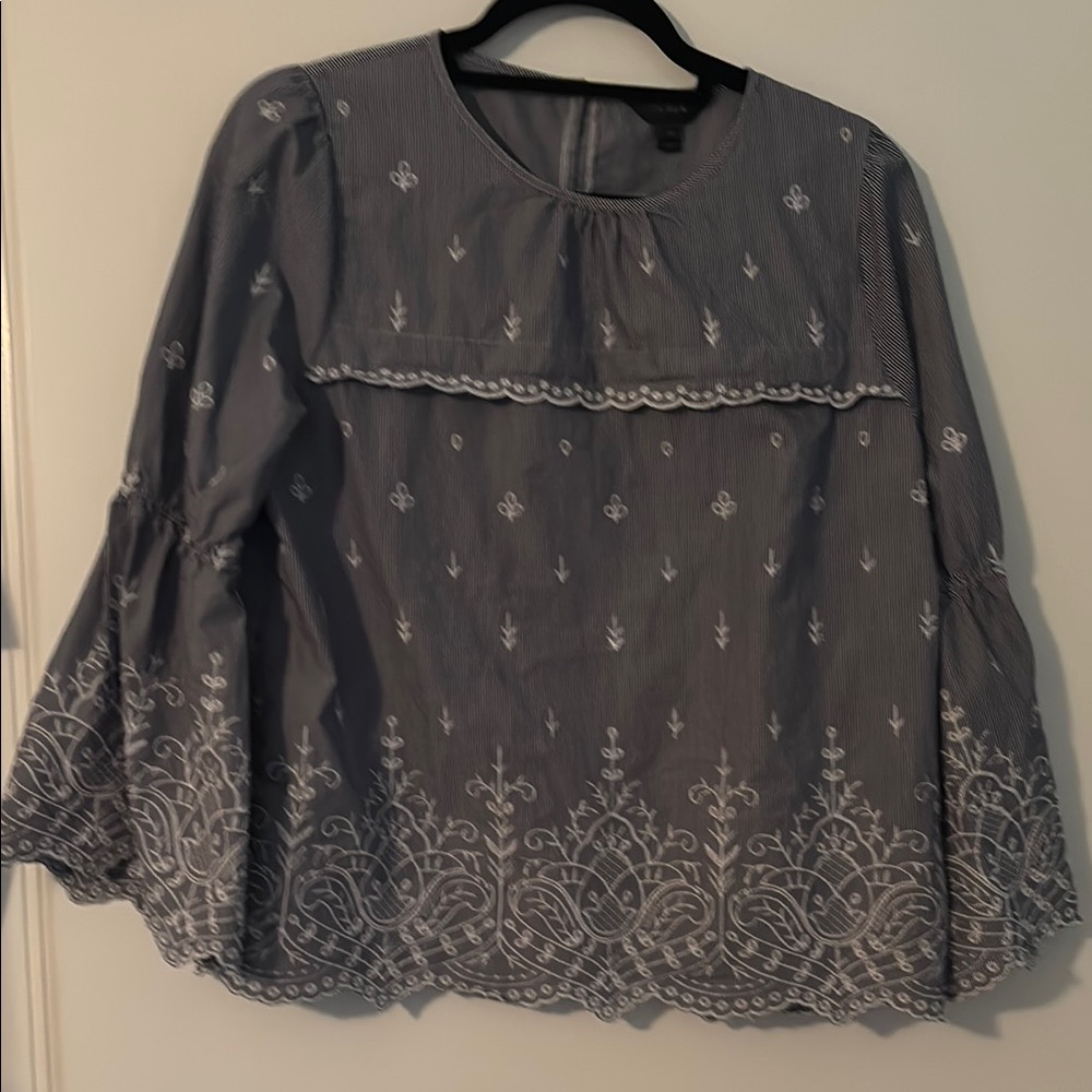 J. Crew Gray Embroidered Cotton Blouse